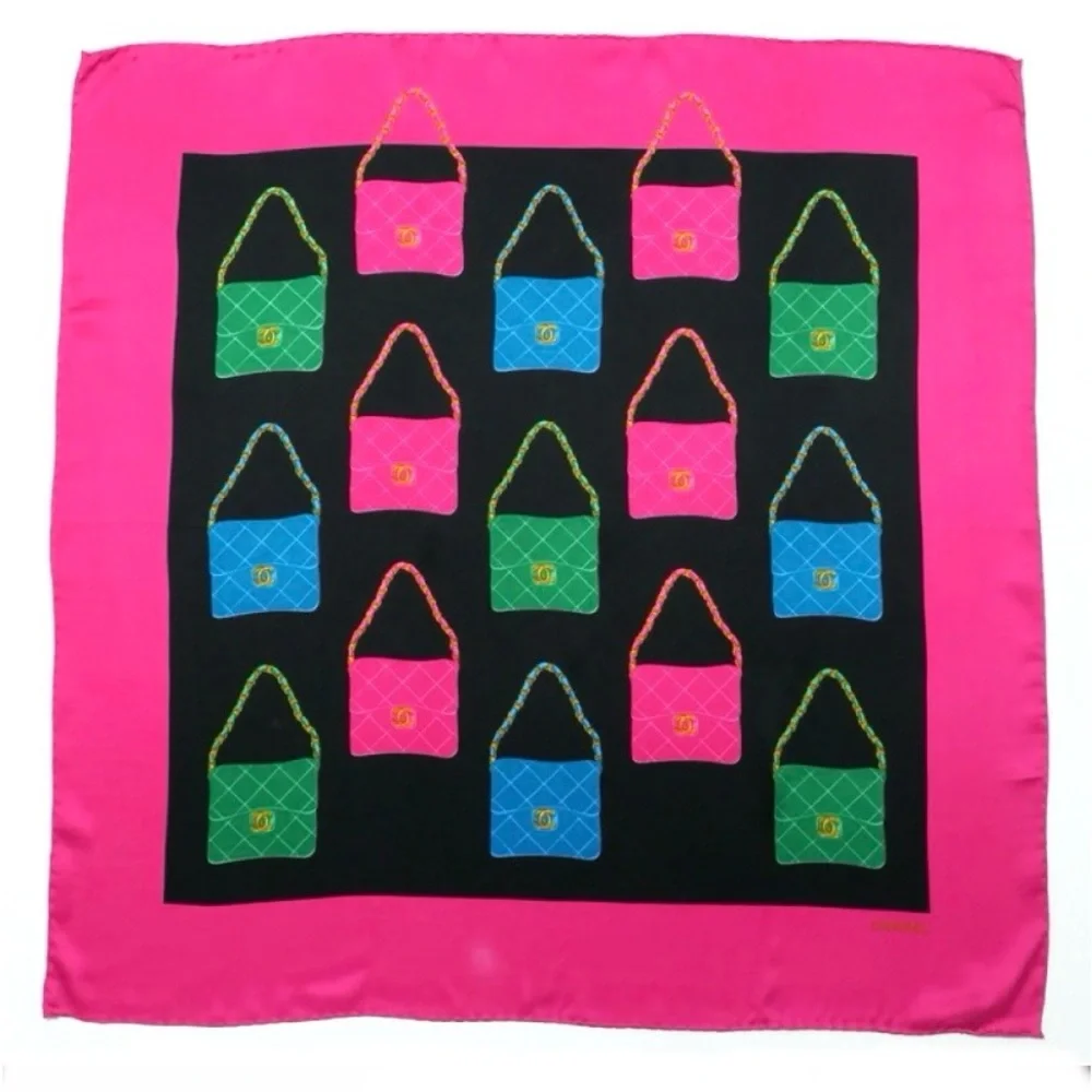 CHANEL authentic silk scarf pink black